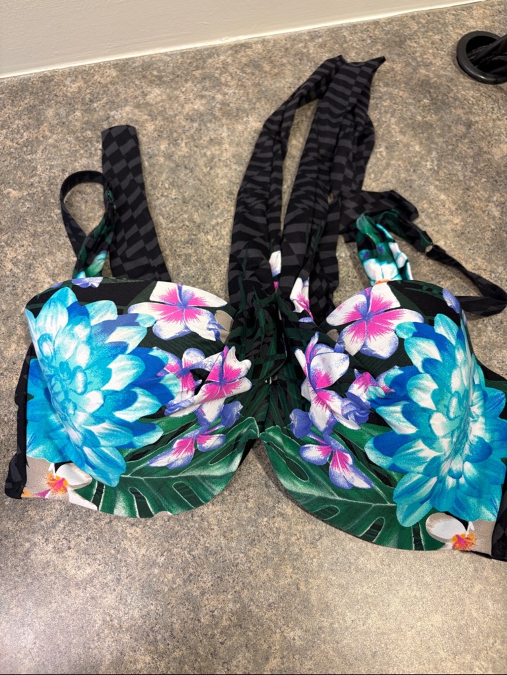 Coco Reef Black Bikini Top with Blue & Pink Floral Print